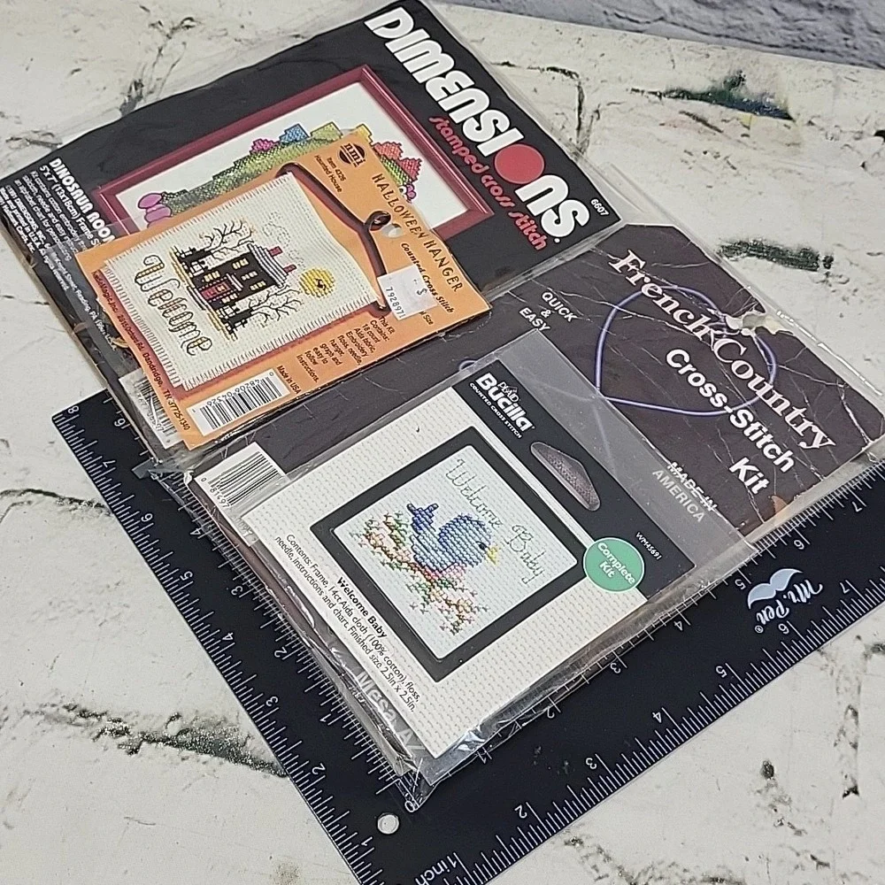Mini Cross‎ Stitch Kits Lot Of 4 Welcome Dino Room Sign French Country
